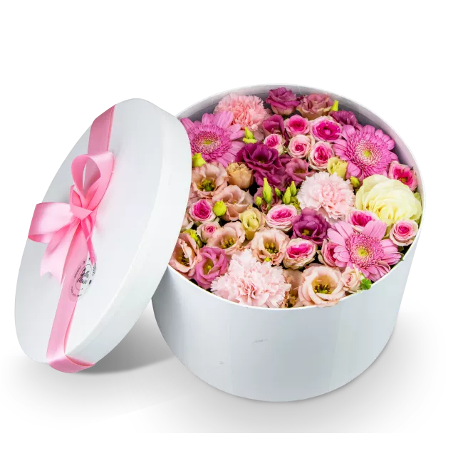 Box růžových květin zavřený